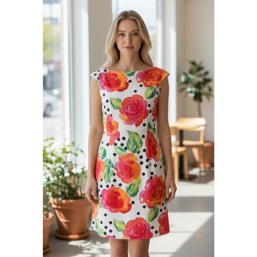 Geary Roark Vintage 6P Sleeveless Floral Rose Polka Dot Open Back Bow Dress